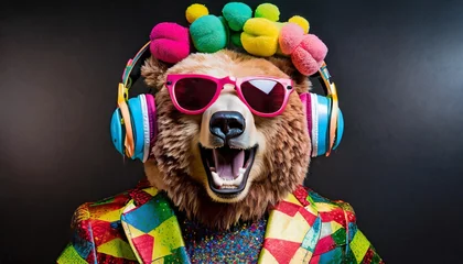 Fototapeten Colorful bear with headphones on black background in retro suit © creativemariolorek