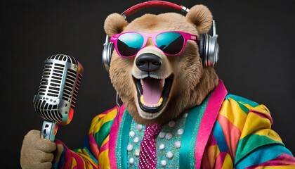 Colorful bear with headphones and podcast mic on black background in retro suit - obrazy, fototapety, plakaty