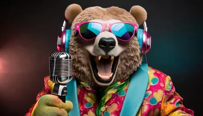 Poster Im Rahmen Colorful bear with headphones and microphone on black background in retro suit © creativemariolorek