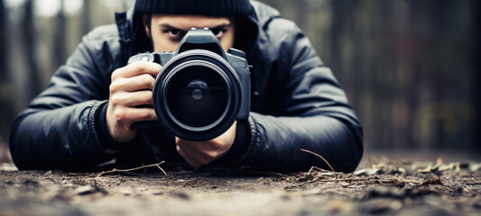 Obraz premium Spy paparazzi photographer, Peeping Spying and Surveillance, Secret Information, Espionage Privacy Investigation, private detective