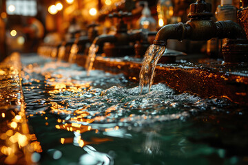 A row of water taps with running water illuminated by golden evening light, showing a sparkling and refreshing scene. - obrazy, fototapety, plakaty