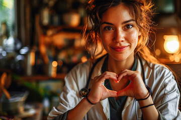 Warm portrait of a smiling young woman making a heart shape with her hands, depicting love and happiness. - obrazy, fototapety, plakaty
