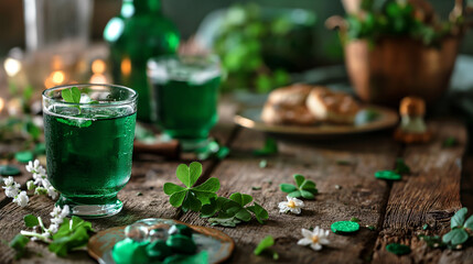 Green drinks in glasses and cloves on wooden table, background for St. Patricks Day. - obrazy, fototapety, plakaty