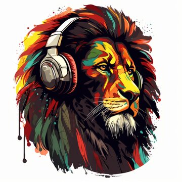 Illustration of colorful rasta lion with headphones, AI generated