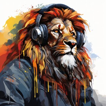 Illustration of colorful rasta lion with headphones, AI generated