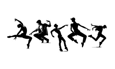 Men different dancing poses detailed vectors or silhouettes set , black and white - obrazy, fototapety, plakaty