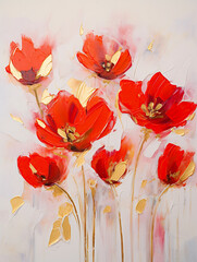 Abstract oil painting..Red tulips, flowers swirl with gold lines drawn using a palette knife. texture with oil brush on canvas