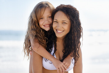 Happy mother, portrait and child hug at beach for summer holiday, bonding or outdoor love together....