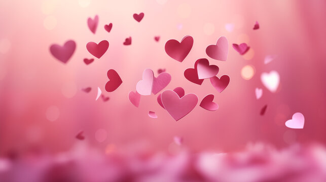 Valentine's day design background. Red, pink and white paper confetti hearts flying on pink background. 