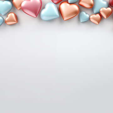 Valentine's day design background. Red, blue and gold volume hearts on light  background with empty space for your text. 