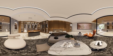 Modern and luxurious Offices lobby interior area . Reception counter des. 3d rendering vr 360 panonrama interior office modern and loft design.