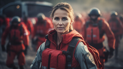 Portrait of a woman humanitarian worker in a disaster zone.