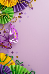 Cheerful Carnival Array: Top view vertical photograph capturing spirit of celebration with carnival mask, fans, beads garlands against lively violet background, perfect for text or advertisements