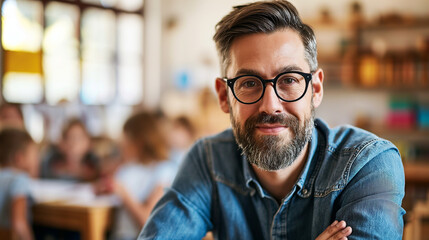 Obraz premium Portrait of a male teacher inside his elementary school classroom.