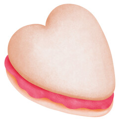 Watercolor strawberry macaron heart shaped cookie clipart.Whimsical valentine snack illustration.