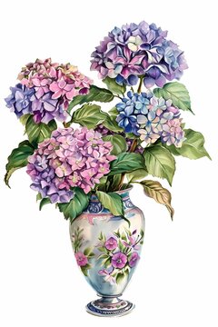 watercolor style drawing hydrangea flowers in a vase