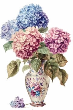 classic watercolor style drawing hydrangea flowers in a vase