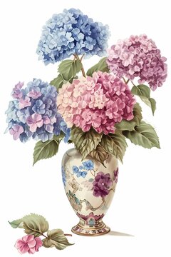 watercolor style drawing hydrangea flowers in a chinese vase