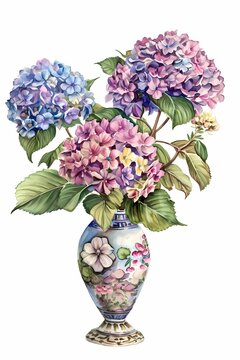 watercolor style drawing hydrangea flowers in a vase