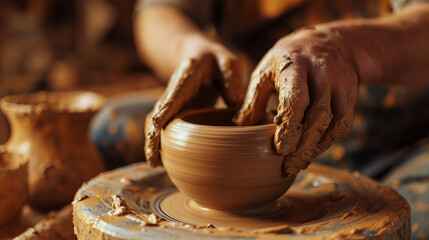 Hands of a potter doing pottery on a spinning wheel.