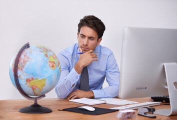 Thinking, earth or businessman with travel ideas or worldwide destination choice in office. Writing...