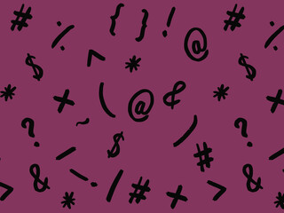 pattern with the image of keyboard symbols. Punctuation marks. Template for applying to the surface. purple red background. Horizontal image.