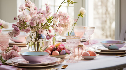 Pastel color table decor and setup at home for a party.