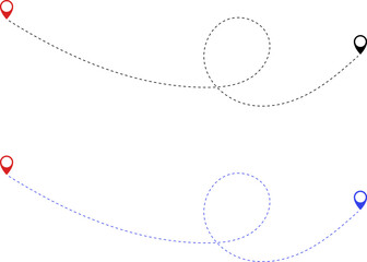 Route icon - two points with dotted path and location pin. Route location icon two pin sign and dotted line. Travel vector icon. Travel from start point and dotted line tracing.
