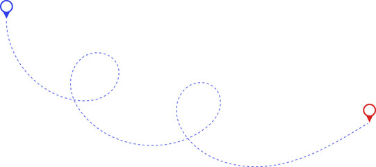 Route icon - two points with dotted path and location pin. Route location icon two pin sign and dotted line. Travel vector icon. Travel from start point and dotted line tracing.
