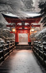 Photograph of a tranquil Kyoto temple during a light snowfall