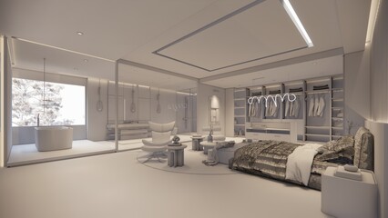 Interior Empty Modern Loft house open space .Living room and pantry kitchen. home office .duplex space interior .3D Rendering .