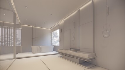 Interior Empty Modern Loft house open space .Living room and pantry kitchen. home office .duplex space interior .3D Rendering .