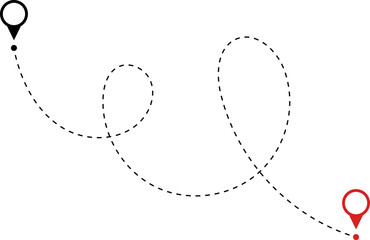 Route icon - two points with dotted path and location pin. Route location icon two pin sign and dotted line. Travel vector icon. Travel from start point and dotted line tracing.