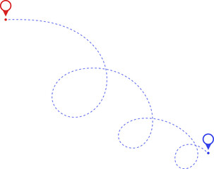 Route icon - two points with dotted path and location pin. Route location icon two pin sign and dotted line. Travel vector icon. Travel from start point and dotted line tracing.