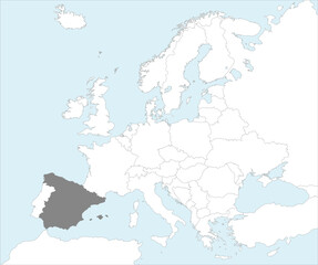 Gray CMYK national map of SPAIN inside detailed white blank political map of European continent on blue background using Mollweide projection