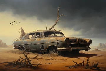 Fototapeten Abandoned car on desert © xtremeisz