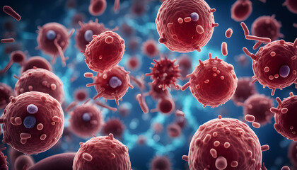 illustration von einer blutinfektion - viren und bakterien mit blutkörperchen, - obrazy, fototapety, plakaty