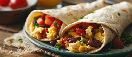 Vegetable and bean-filled breakfast wrap, sans meat.