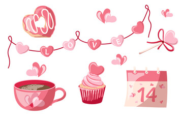 Vector illustration in cartoon style. Trendy modern illustration of Valentine's Day card with decorations in pink colors, on white background, hand drawn, flat design.