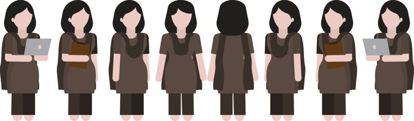 Indian Girl Character Design Model. Girl Character design. Front, side, back view. Character set with various views.