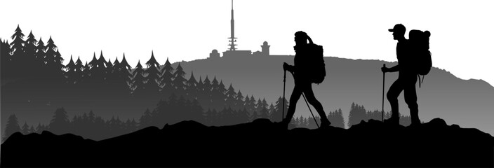 Silhouetten Berge - Gebirge - Wanderer im Harz mit dem Brocken im Hintergrund - obrazy, fototapety, plakaty