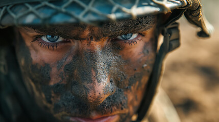 Soldier's intense gaze with camouflaged face.