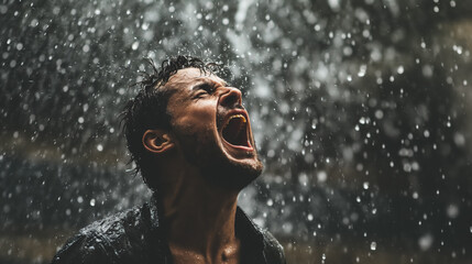 Man screaming in the pouring rain. - obrazy, fototapety, plakaty