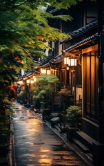 Fototapeta na wymiar Photograph of a hushed Japanese street at night