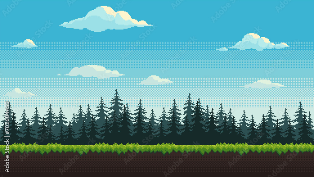 Poster forest pixel background. 2d pixel video game daytime with green grass, fir trees and clouds. nature 