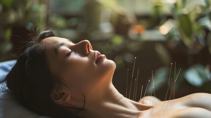 Alternative medicine: acupuncture treatment with fine needles to balance energy flow. - obrazy, fototapety, plakaty