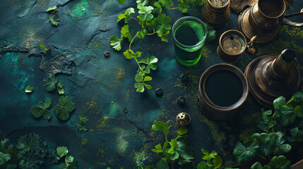 Green beer and cloves background with copy space for St. Patricks Day. - obrazy, fototapety, plakaty