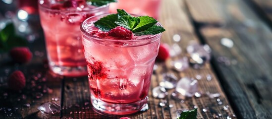 A detailed image of pink drink in glasses. - obrazy, fototapety, plakaty