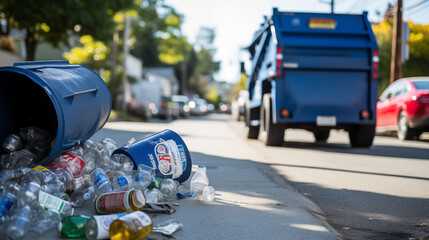 Missed or spilled trash during garbage day. Truck blurry in background. - obrazy, fototapety, plakaty