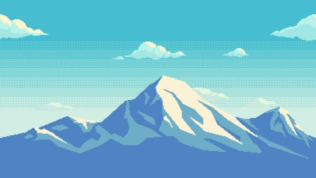 Pixel art looping animation of background with snow capped mountains. Animated 8 bit landscape with moving clouds.